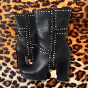 Vintage Grunge Moto Black Leather Silver Studded Square Toe Calf Boots